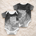 New Zealand Aotearoa Ruru Baby Onesie Maori Fern Art Black