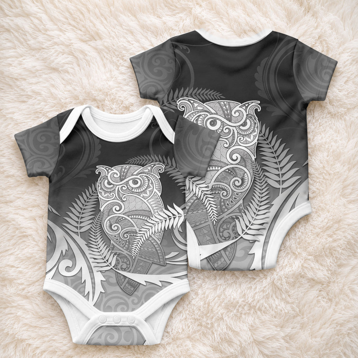 New Zealand Aotearoa Ruru Baby Onesie Maori Fern Art Black