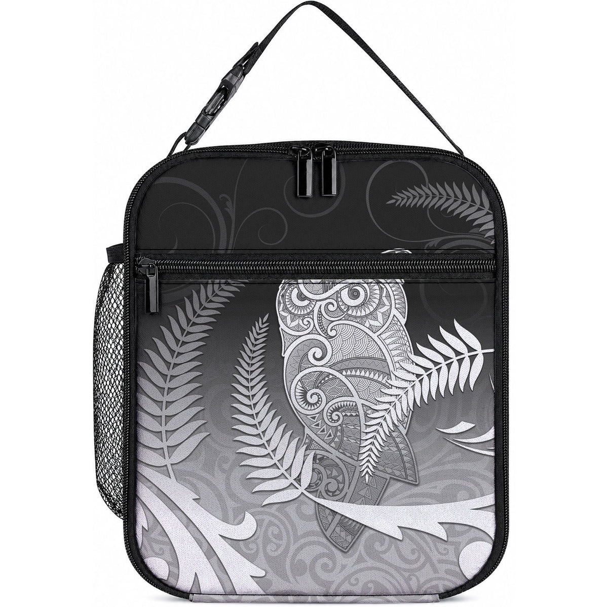 New Zealand Aotearoa Ruru Lunch Bag Maori Fern Art Black