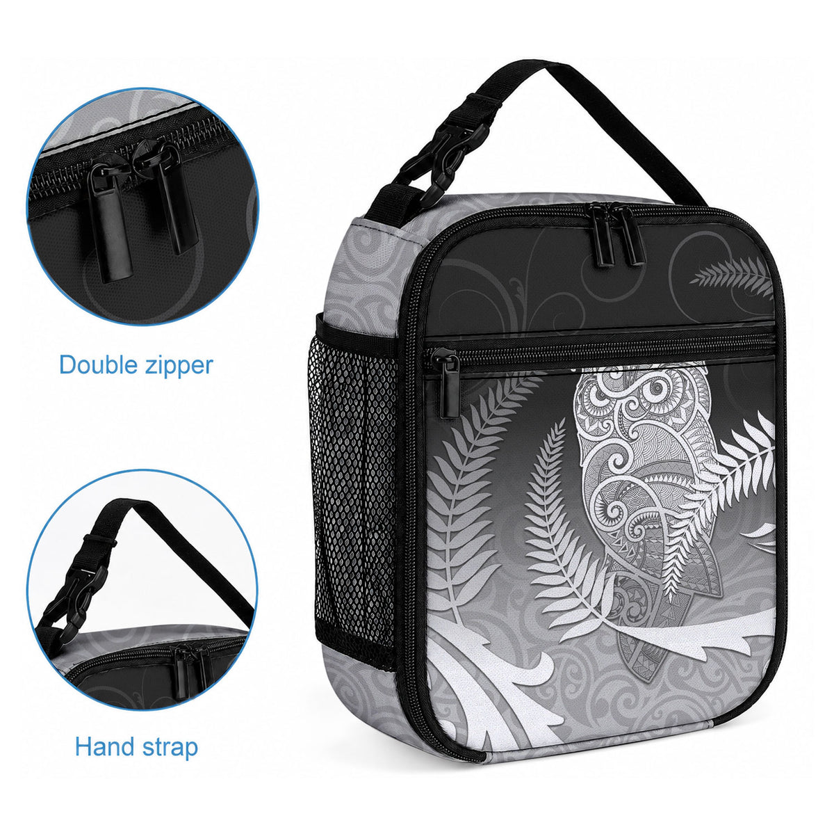 New Zealand Aotearoa Ruru Lunch Bag Maori Fern Art Black