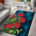 New Zealand Matariki Piwakawaka Area Rug Maori Koru With Pohutukawa Flowers