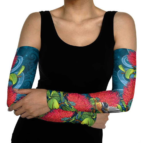 New Zealand Matariki Piwakawaka Arm Sleeves Maori Koru With Pohutukawa Flowers