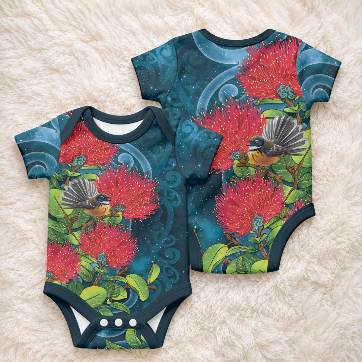 New Zealand Matariki Piwakawaka Baby Onesie Maori Koru With Pohutukawa Flowers