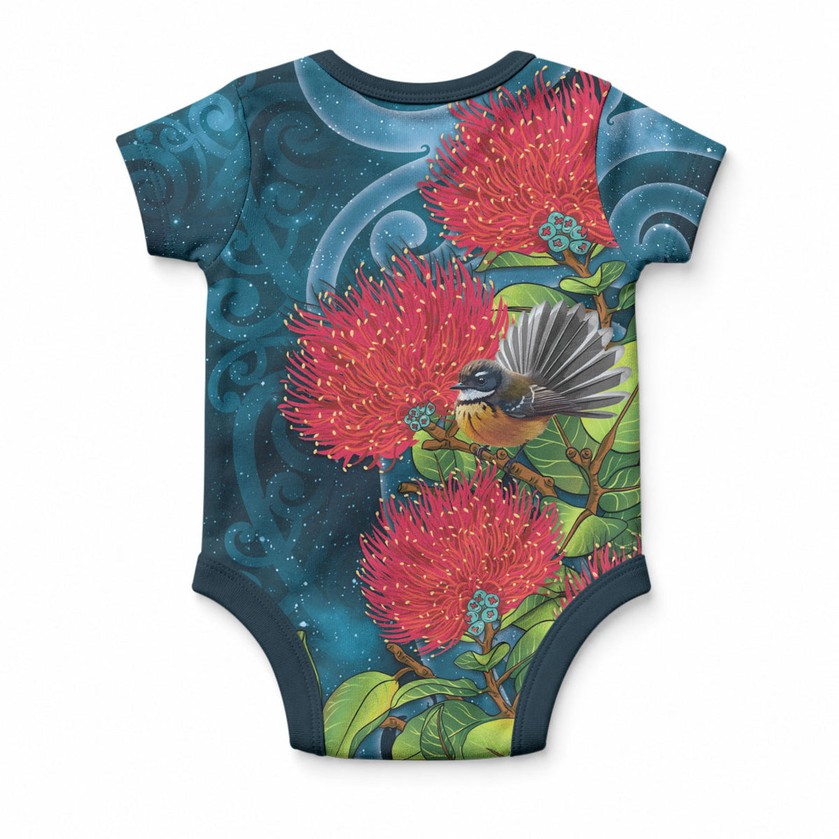 New Zealand Matariki Piwakawaka Baby Onesie Maori Koru With Pohutukawa Flowers