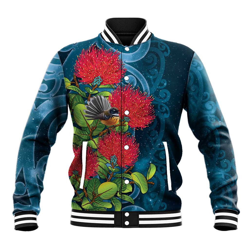 New Zealand Matariki Piwakawaka Baseball Jacket Maori Koru With Pohutukawa Flowers