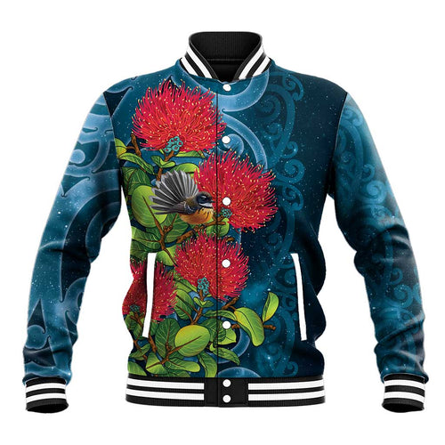 New Zealand Matariki Piwakawaka Baseball Jacket Maori Koru With Pohutukawa Flowers