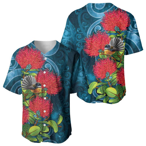 New Zealand Matariki Piwakawaka Baseball Jersey Maori Koru With Pohutukawa Flowers