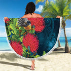 New Zealand Matariki Piwakawaka Beach Blanket Maori Koru With Pohutukawa Flowers