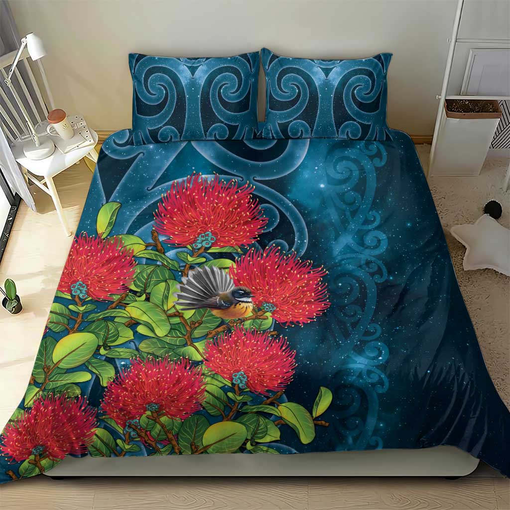 New Zealand Matariki Piwakawaka Bedding Set Maori Koru With Pohutukawa Flowers