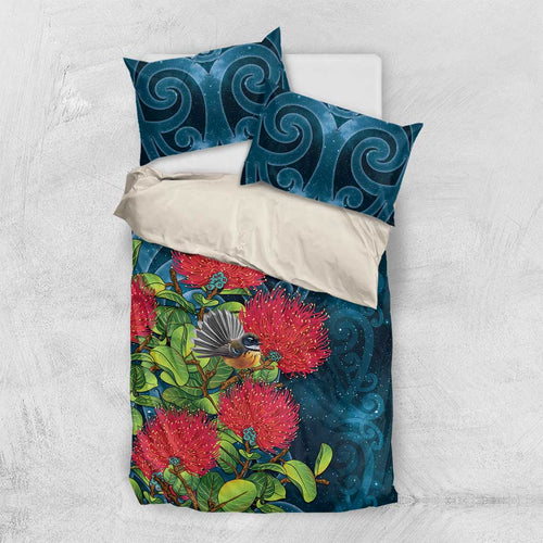 New Zealand Matariki Piwakawaka Bedding Set Maori Koru With Pohutukawa Flowers