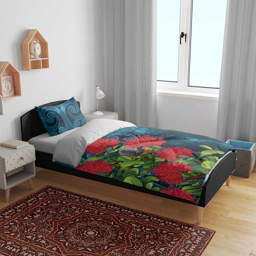 New Zealand Matariki Piwakawaka Bedding Set Maori Koru With Pohutukawa Flowers