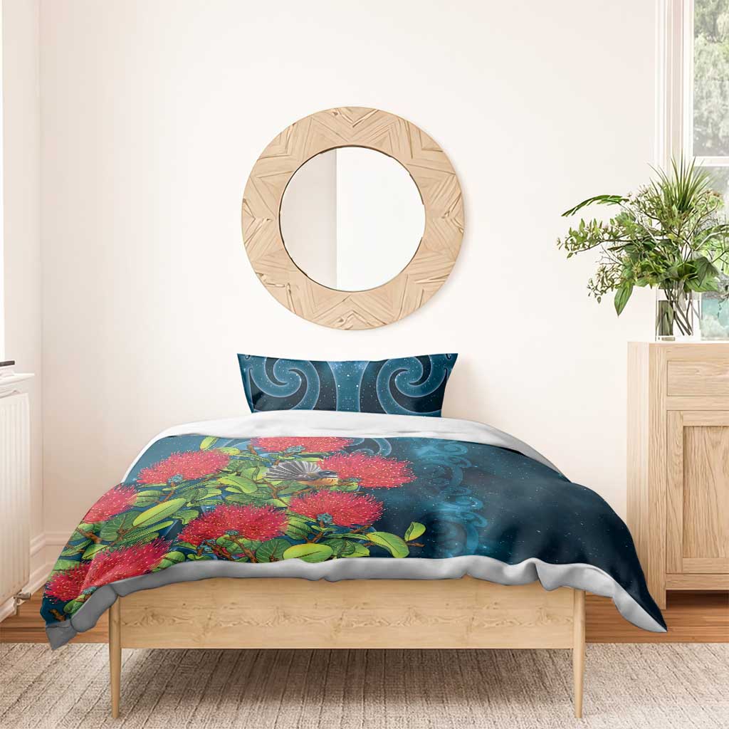 New Zealand Matariki Piwakawaka Bedding Set Maori Koru With Pohutukawa Flowers