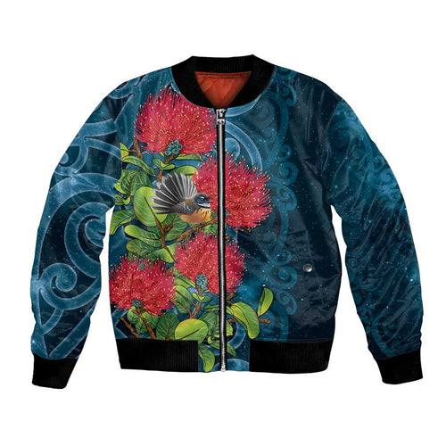 New Zealand Matariki Piwakawaka Bomber Jacket Maori Koru With Pohutukawa Flowers