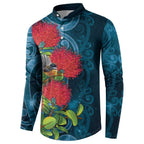 New Zealand Matariki Piwakawaka Button Sweatshirt Maori Koru With Pohutukawa Flowers