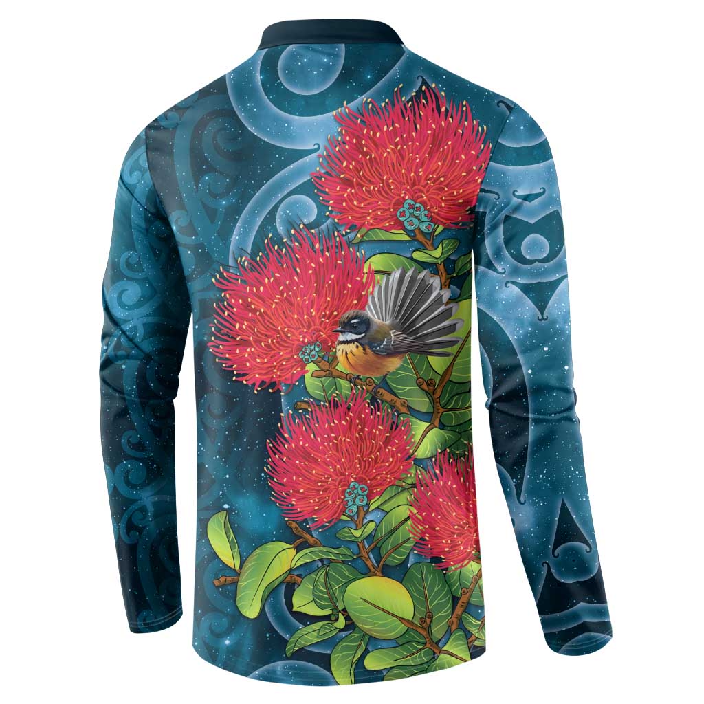 New Zealand Matariki Piwakawaka Button Sweatshirt Maori Koru With Pohutukawa Flowers