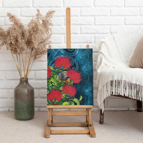 New Zealand Matariki Piwakawaka Canvas Wall Art Maori Koru With Pohutukawa Flowers