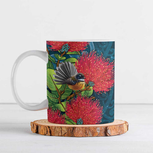 New Zealand Matariki Piwakawaka Ceramic Mug Maori Koru With Pohutukawa Flowers