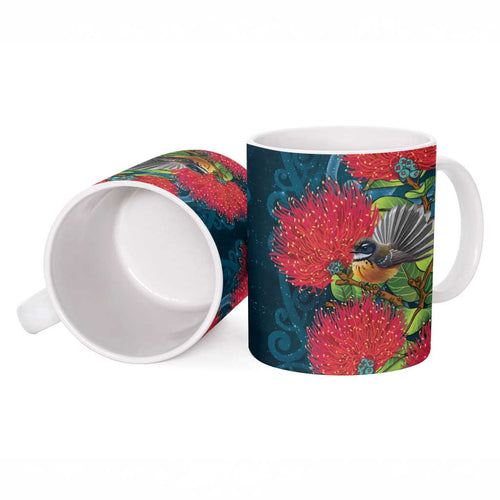 New Zealand Matariki Piwakawaka Ceramic Mug Maori Koru With Pohutukawa Flowers