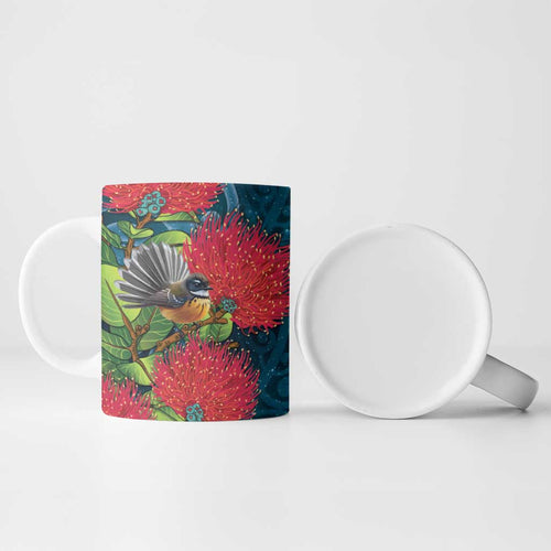 New Zealand Matariki Piwakawaka Ceramic Mug Maori Koru With Pohutukawa Flowers