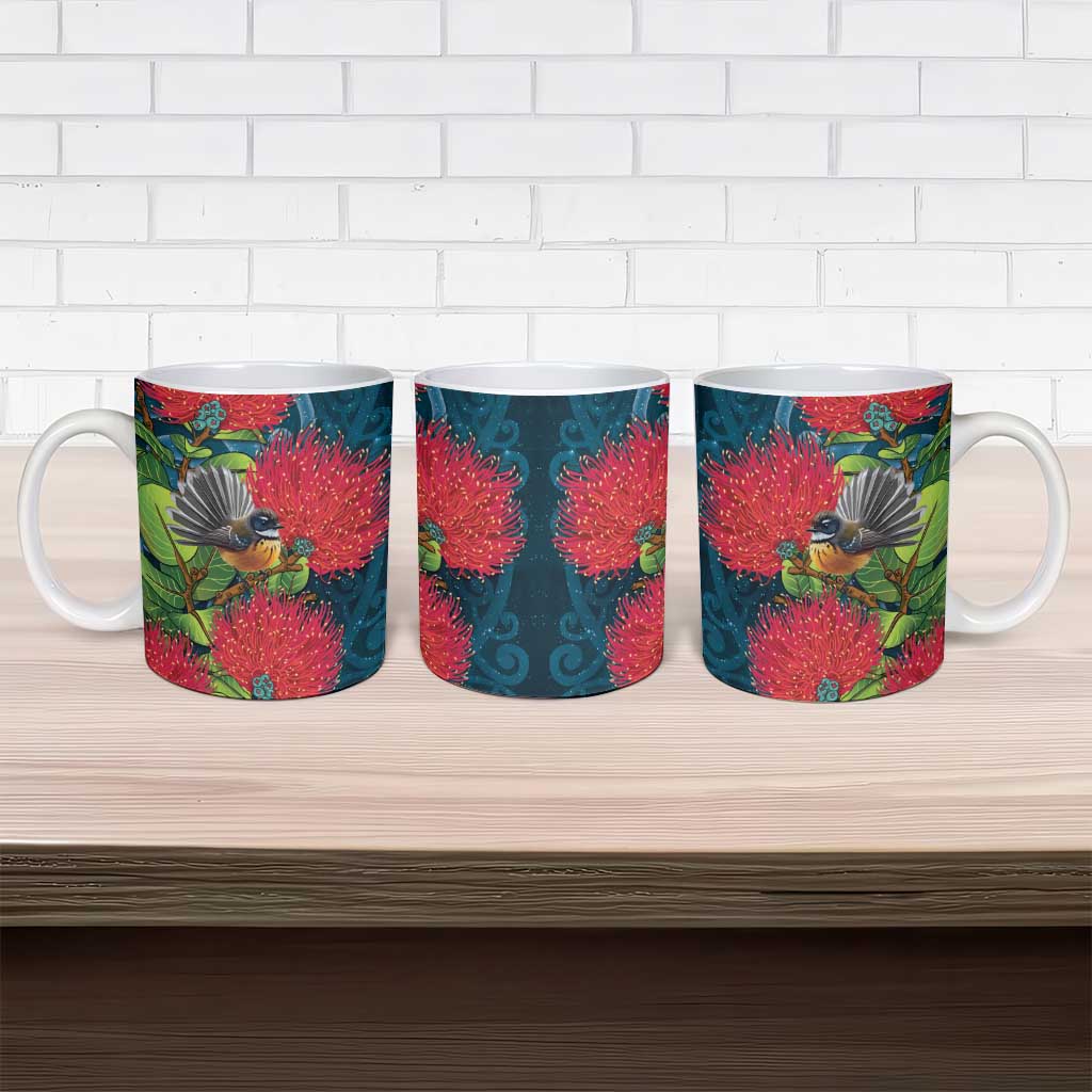 New Zealand Matariki Piwakawaka Ceramic Mug Maori Koru With Pohutukawa Flowers