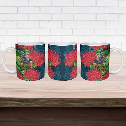 New Zealand Matariki Piwakawaka Ceramic Mug Maori Koru With Pohutukawa Flowers