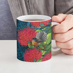 New Zealand Matariki Piwakawaka Ceramic Mug Maori Koru With Pohutukawa Flowers