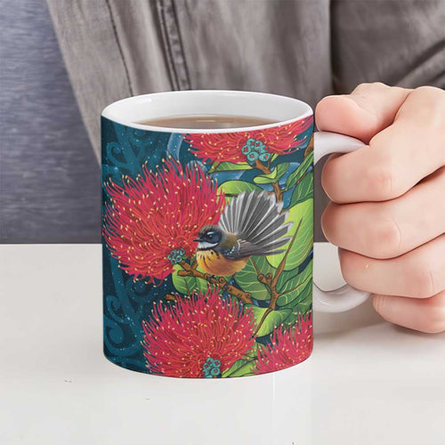 New Zealand Matariki Piwakawaka Ceramic Mug Maori Koru With Pohutukawa Flowers