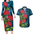 New Zealand Matariki Piwakawaka Couples Matching Long Sleeve Bodycon Dress and Hawaiian Shirt Maori Koru With Pohutukawa Flowers