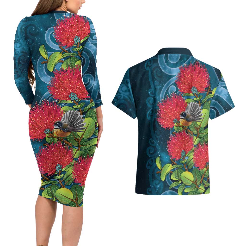New Zealand Matariki Piwakawaka Couples Matching Long Sleeve Bodycon Dress and Hawaiian Shirt Maori Koru With Pohutukawa Flowers