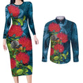 New Zealand Matariki Piwakawaka Couples Matching Long Sleeve Bodycon Dress and Long Sleeve Button Shirt Maori Koru With Pohutukawa Flowers
