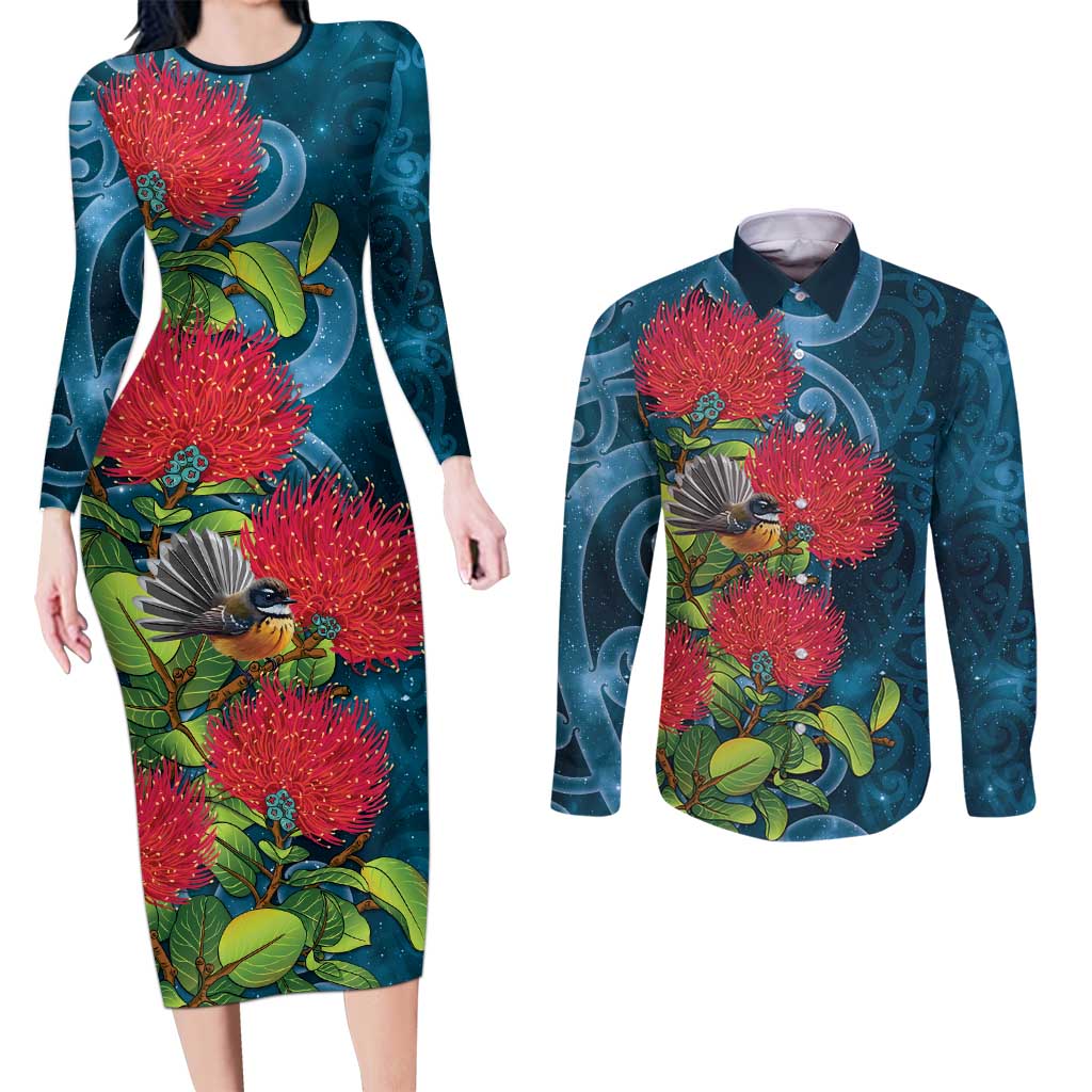 New Zealand Matariki Piwakawaka Couples Matching Long Sleeve Bodycon Dress and Long Sleeve Button Shirt Maori Koru With Pohutukawa Flowers