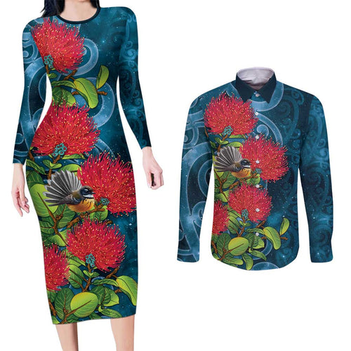 New Zealand Matariki Piwakawaka Couples Matching Long Sleeve Bodycon Dress and Long Sleeve Button Shirt Maori Koru With Pohutukawa Flowers