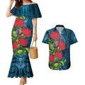 New Zealand Matariki Piwakawaka Couples Matching Mermaid Dress and Hawaiian Shirt Maori Koru With Pohutukawa Flowers