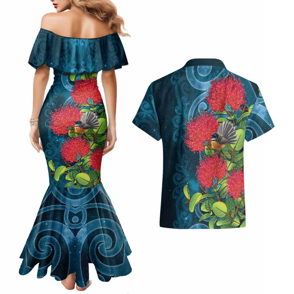 New Zealand Matariki Piwakawaka Couples Matching Mermaid Dress and Hawaiian Shirt Maori Koru With Pohutukawa Flowers