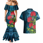 New Zealand Matariki Piwakawaka Couples Matching Mermaid Dress and Hawaiian Shirt Maori Koru With Pohutukawa Flowers