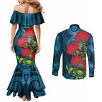 New Zealand Matariki Piwakawaka Couples Matching Mermaid Dress and Long Sleeve Button Shirt Maori Koru With Pohutukawa Flowers