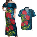 New Zealand Matariki Piwakawaka Couples Matching Off Shoulder Maxi Dress and Hawaiian Shirt Maori Koru With Pohutukawa Flowers
