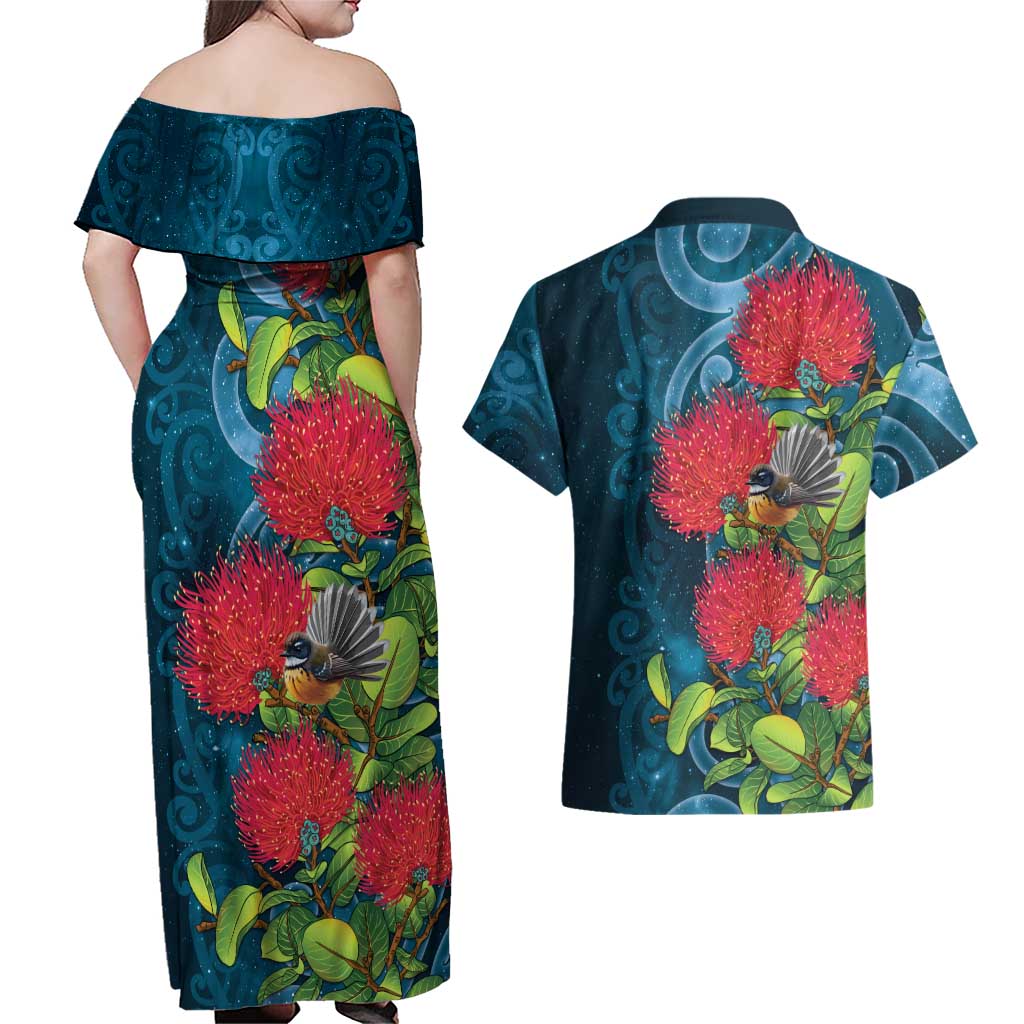 New Zealand Matariki Piwakawaka Couples Matching Off Shoulder Maxi Dress and Hawaiian Shirt Maori Koru With Pohutukawa Flowers