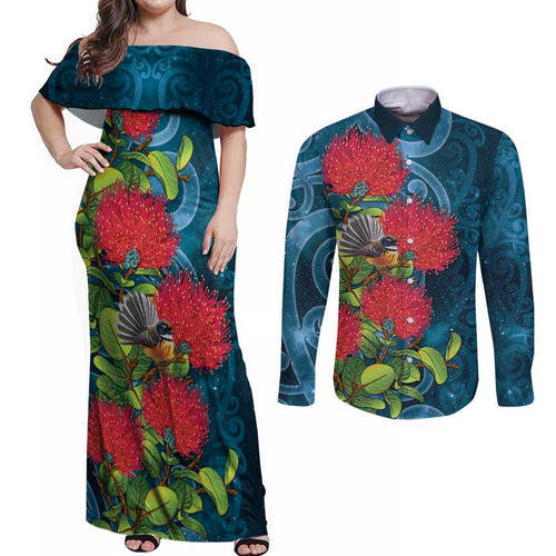 New Zealand Matariki Piwakawaka Couples Matching Off Shoulder Maxi Dress and Long Sleeve Button Shirt Maori Koru With Pohutukawa Flowers