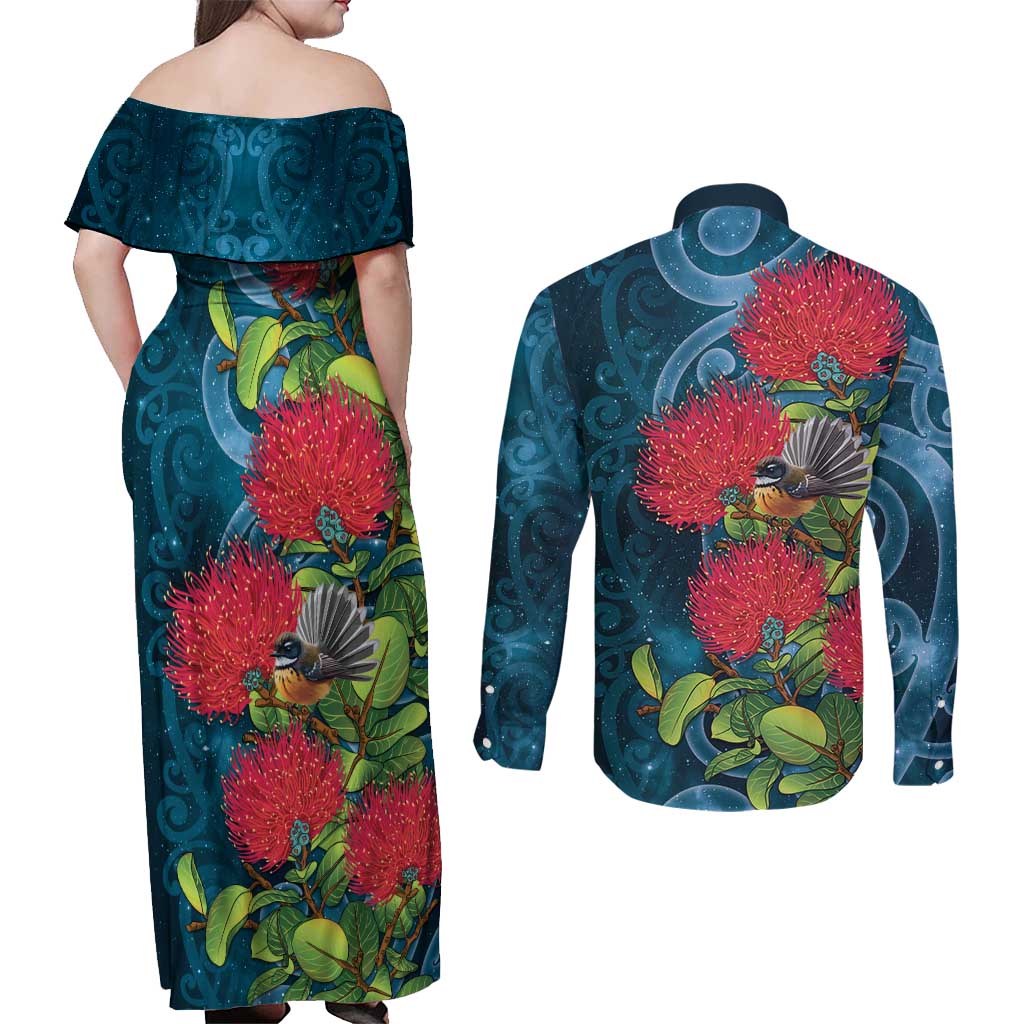 New Zealand Matariki Piwakawaka Couples Matching Off Shoulder Maxi Dress and Long Sleeve Button Shirt Maori Koru With Pohutukawa Flowers