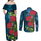 New Zealand Matariki Piwakawaka Couples Matching Off Shoulder Maxi Dress and Long Sleeve Button Shirt Maori Koru With Pohutukawa Flowers
