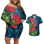 New Zealand Matariki Piwakawaka Couples Matching Off Shoulder Short Dress and Hawaiian Shirt Maori Koru With Pohutukawa Flowers