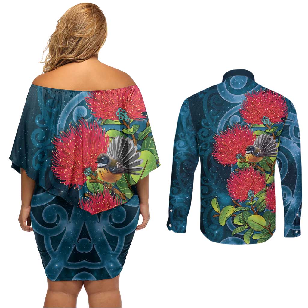 New Zealand Matariki Piwakawaka Couples Matching Off Shoulder Short Dress and Long Sleeve Button Shirt Maori Koru With Pohutukawa Flowers
