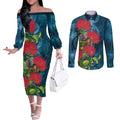 New Zealand Matariki Piwakawaka Couples Matching Off The Shoulder Long Sleeve Dress and Long Sleeve Button Shirt Maori Koru With Pohutukawa Flowers