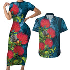 New Zealand Matariki Piwakawaka Couples Matching Short Sleeve Bodycon Dress and Hawaiian Shirt Maori Koru With Pohutukawa Flowers