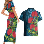 New Zealand Matariki Piwakawaka Couples Matching Short Sleeve Bodycon Dress and Hawaiian Shirt Maori Koru With Pohutukawa Flowers