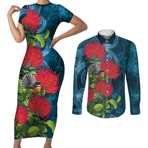 New Zealand Matariki Piwakawaka Couples Matching Short Sleeve Bodycon Dress and Long Sleeve Button Shirt Maori Koru With Pohutukawa Flowers