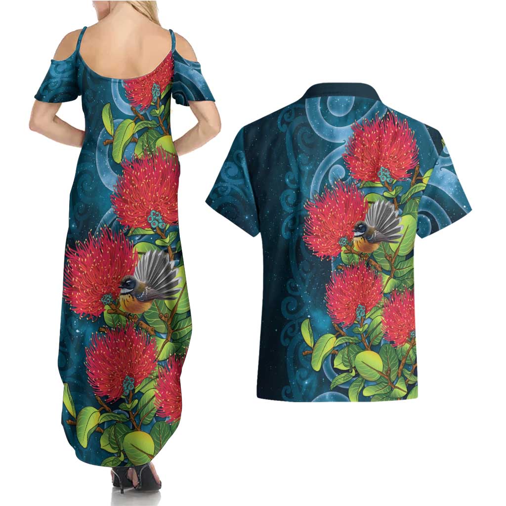 New Zealand Matariki Piwakawaka Couples Matching Summer Maxi Dress and Hawaiian Shirt Maori Koru With Pohutukawa Flowers
