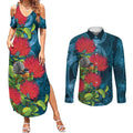 New Zealand Matariki Piwakawaka Couples Matching Summer Maxi Dress and Long Sleeve Button Shirt Maori Koru With Pohutukawa Flowers