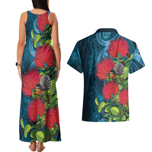 New Zealand Matariki Piwakawaka Couples Matching Tank Maxi Dress and Hawaiian Shirt Maori Koru With Pohutukawa Flowers